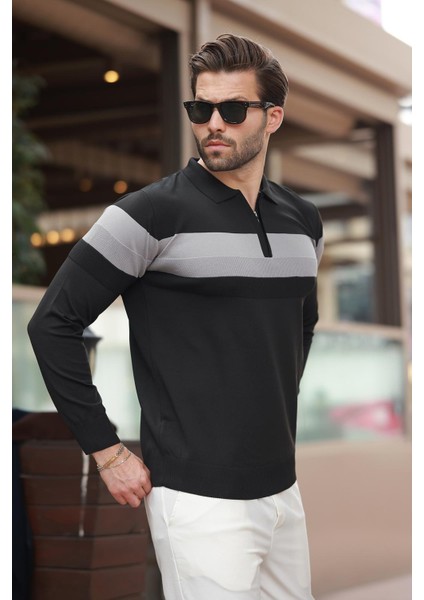 Siyah Fermuarlı Polo Yaka Çizgili Uzun Kollu Kazak E7288 fiyatları