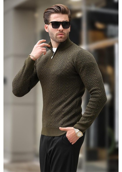 Haki Fermuar Yaka Uzun Kollu Desenli Örme Kazak E7287 fiyatları