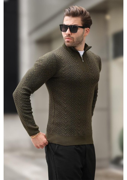 Haki Fermuar Yaka Uzun Kollu Desenli Örme Kazak E7287 modelleri