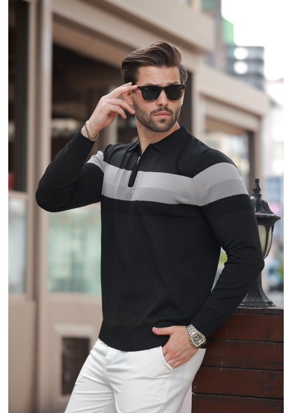 Siyah Fermuarlı Polo Yaka Çizgili Uzun Kollu Kazak E7288 modelleri