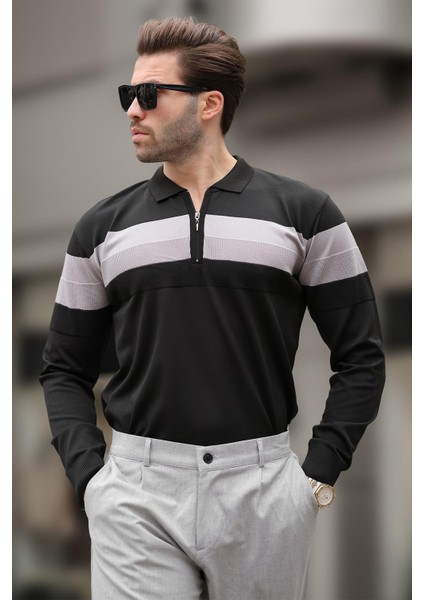 Siyah Fermuarlı Polo Yaka Çizgili Uzun Kollu Kazak E7288 fırsatları