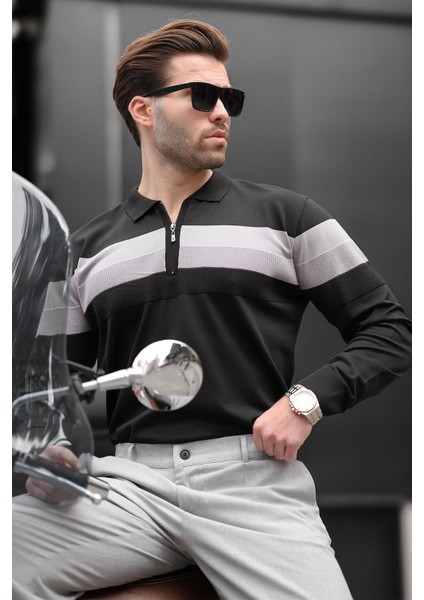 Siyah Fermuarlı Polo Yaka Çizgili Uzun Kollu Kazak E7288 indirimleri