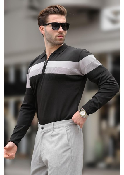 Siyah Fermuarlı Polo Yaka Çizgili Uzun Kollu Kazak E7288
