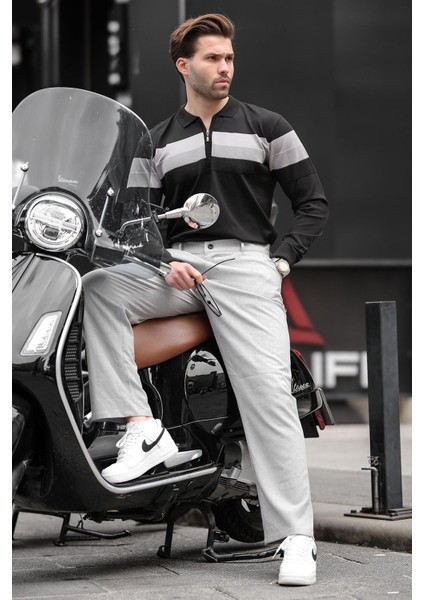 Siyah Fermuarlı Polo Yaka Çizgili Uzun Kollu Kazak E7288