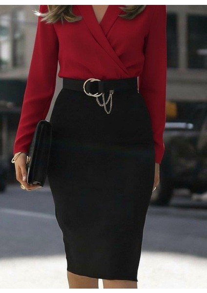 Kadın Uzun Kollu Kruvaze Yaka Janjan Krep Midi Elbise modelleri