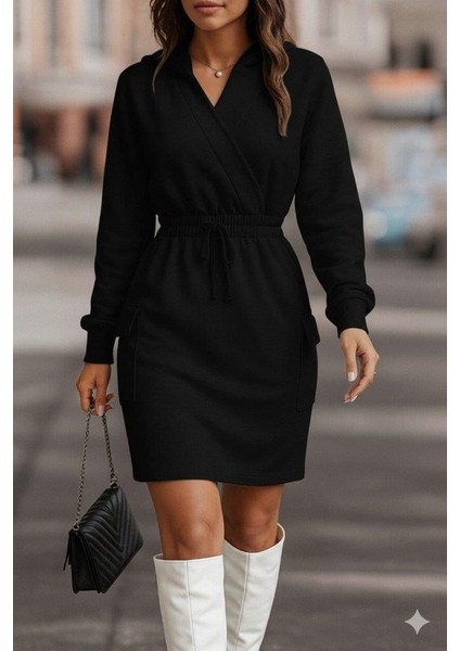 Kadın Uzun Kollu V Yakalı Kapşonlu Cep Detaylı Şardonlu Iki Iplik Kısa Elbise