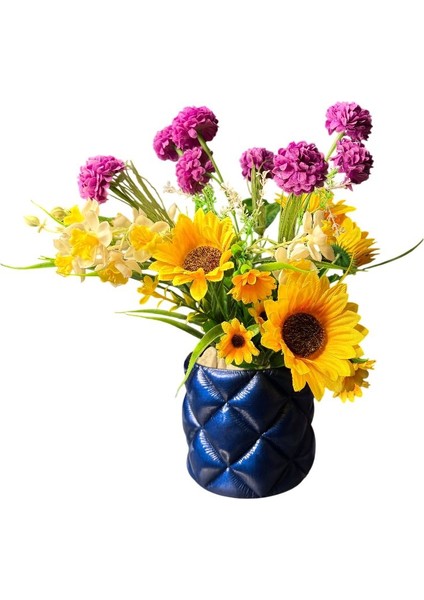 Kapitone Desenli El Boyaması Dekoratif Saksı Modern Ev Dekoru (Yuvarlak-Lacivert)