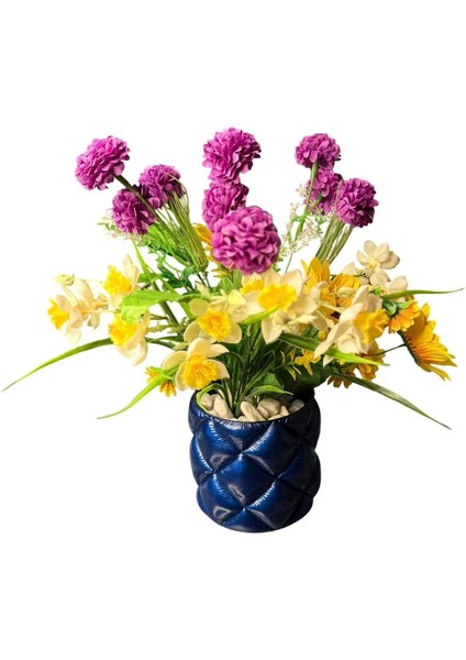 Kapitone Desenli El Boyaması Dekoratif Saksı Modern Ev Dekoru (Yuvarlak-Lacivert) fiyatları