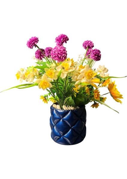 Kapitone Desenli El Boyaması Dekoratif Saksı Modern Ev Dekoru (Yuvarlak-Lacivert) modelleri