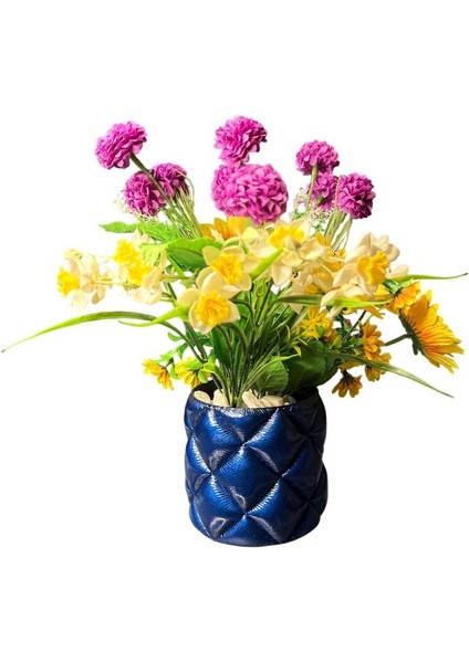 Kapitone Desenli El Boyaması Dekoratif Saksı Modern Ev Dekoru (Yuvarlak-Lacivert) fırsatları