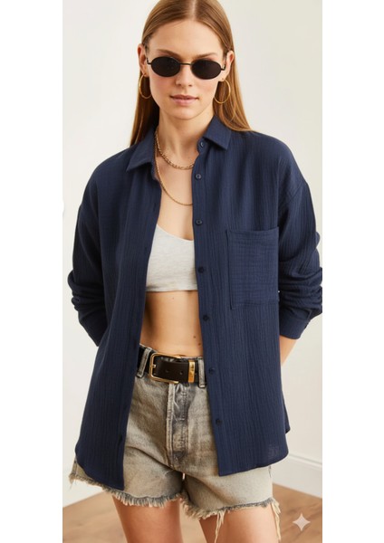 Kadın Oversize Basic Cepli Müslin Gömlek