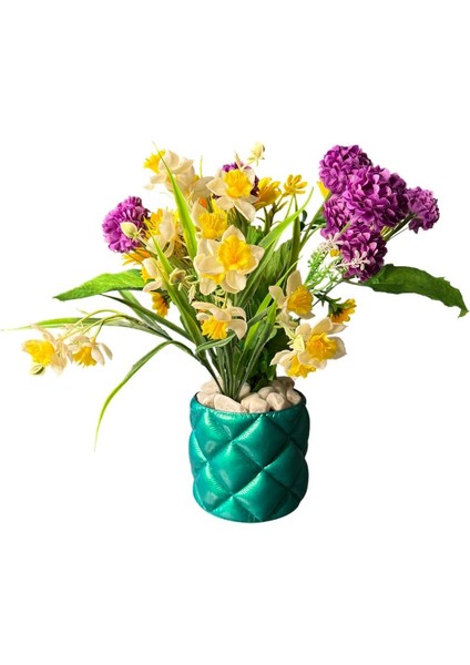 Kapitone Desenli El Boyaması Dekoratif Saksı Modern Ev Dekoru (Yuvarlak - Yeşil) fiyatları