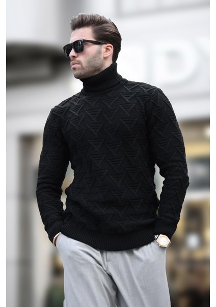 Siyah Balıkçı Yaka Desenli Erkek Kazak E7292