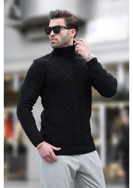 Siyah Balıkçı Yaka Desenli Erkek Kazak E7292 fiyatları