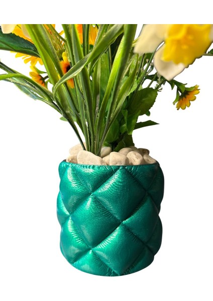 Kapitone Desenli El Boyaması Dekoratif Saksı Modern Ev Dekoru (Yuvarlak - Yeşil) modelleri