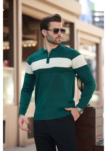 Yeşil Fermuarlı Polo Yaka Çizgili Uzun Kollu Kazak E7288