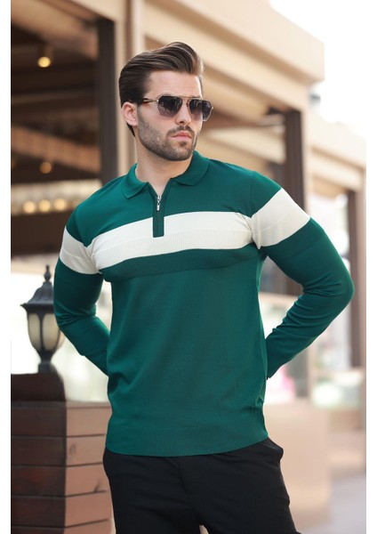 Yeşil Fermuarlı Polo Yaka Çizgili Uzun Kollu Kazak E7288 fiyatları