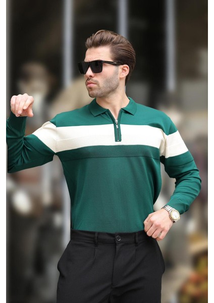 Yeşil Fermuarlı Polo Yaka Çizgili Uzun Kollu Kazak E7288 modelleri