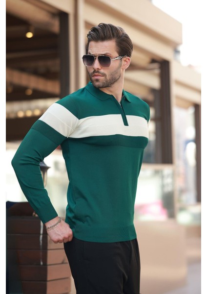 Yeşil Fermuarlı Polo Yaka Çizgili Uzun Kollu Kazak E7288 fırsatları