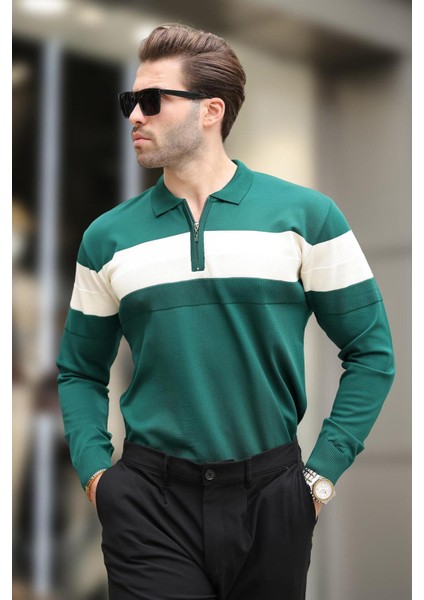 Yeşil Fermuarlı Polo Yaka Çizgili Uzun Kollu Kazak E7288 indirimleri