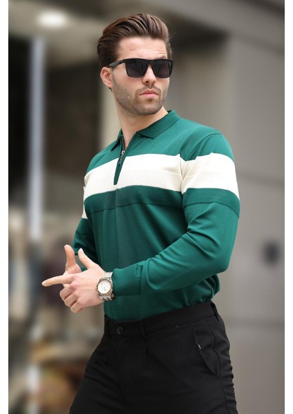 Yeşil Fermuarlı Polo Yaka Çizgili Uzun Kollu Kazak E7288