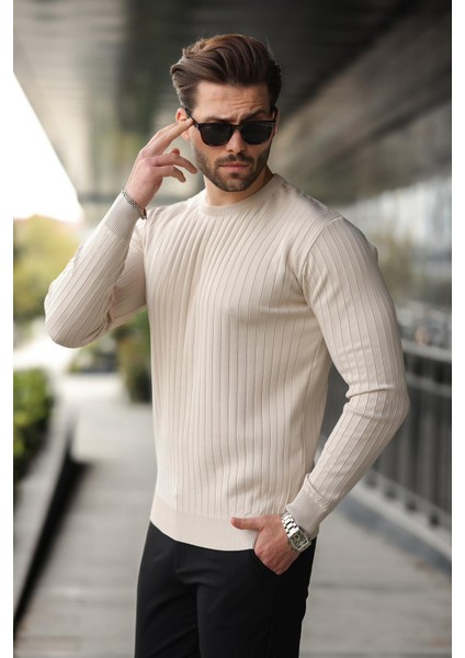 Taş Rengi Bisiklet Yaka Çizgili Uzun Kollu Kazak E7273