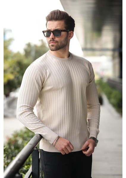 Taş Rengi Bisiklet Yaka Çizgili Uzun Kollu Kazak E7273 fiyatları