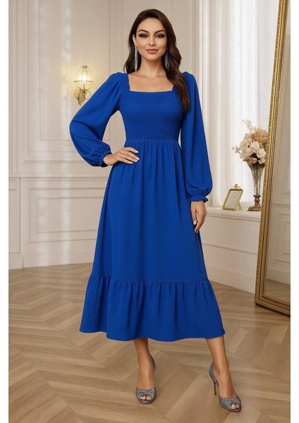 Kadın Uzun Kollu Kare Yakalı Gipeli Uzun Trikoton Elbise modelleri