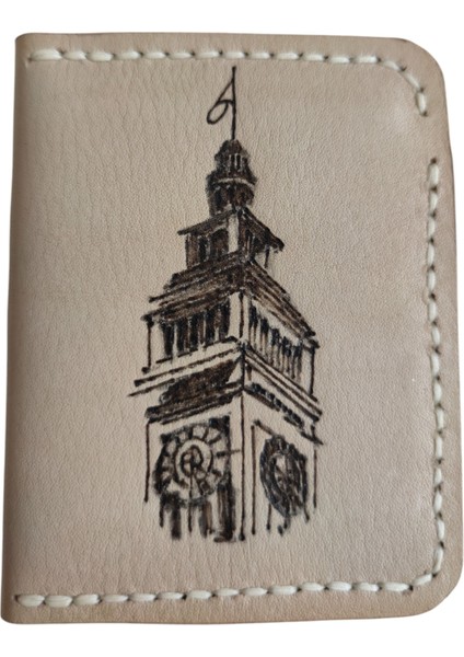 El Yapımı Hakiki Deri Big Ben Desenli Küçük Kare Cüzdan - Kadın & Erkek Kullanım - Şehir Temalı El Işçiliği Deri Cüzdan