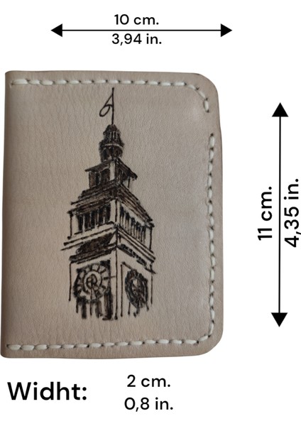 El Yapımı Hakiki Deri Big Ben Desenli Küçük Kare Cüzdan - Kadın & Erkek Kullanım - Şehir Temalı El Işçiliği Deri Cüzdan