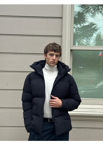 Erkek Garnili Su ve Rüzgar Geçirmez Oversize Şişme Mont Lacivert