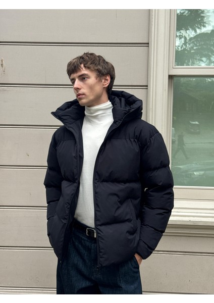 Erkek Garnili Su ve Rüzgar Geçirmez Oversize Şişme Mont Lacivert modelleri