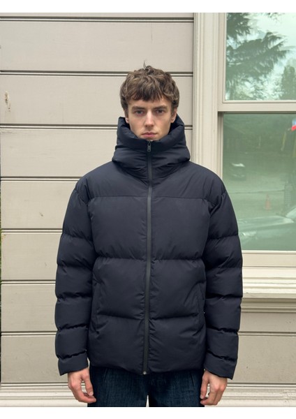 Erkek Garnili Su ve Rüzgar Geçirmez Oversize Şişme Mont Lacivert indirimleri