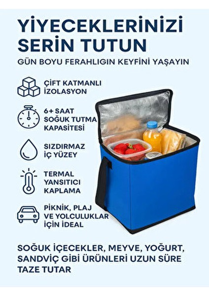 Araç Termosu Çantası Isı Yalıtımlı Mavi Piknik ve Kamp İçin 40x32x20 cm Boyutlarında