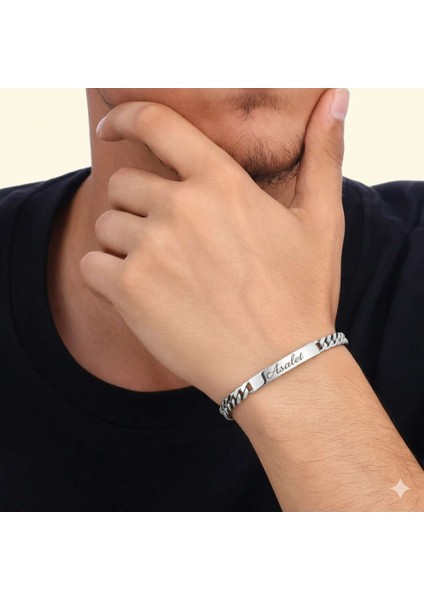 Erkek Çelik Bileklik - Isme Özel Yazılı - Gurmet Model - Gümüş Renk modelleri