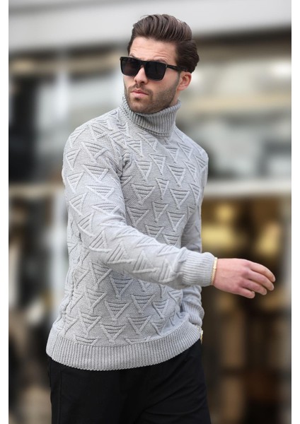 Gri Balıkçı Yaka Desenli Erkek Kazak E7292