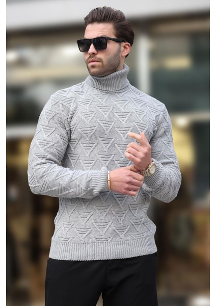 Gri Balıkçı Yaka Desenli Erkek Kazak E7292 modelleri