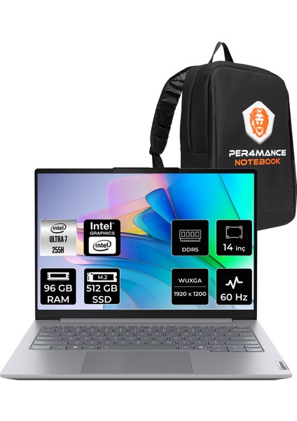 Thinkbook 14 Gen 8 Intel Core Ultra 7 255H 96GB 512GB SSD 14" Fhd+ Fdos Taşınabilir Bilgisayar & Per4 Çanta 21SJ007BTXP342