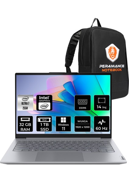 Thinkbook 14 Gen 8 Intel Core Ultra 7 255H 32GB 1tb SSD 14" Fhd+ W11H Taşınabilir Bilgisayar & Per4 Çanta 21SJ007BTXP368
