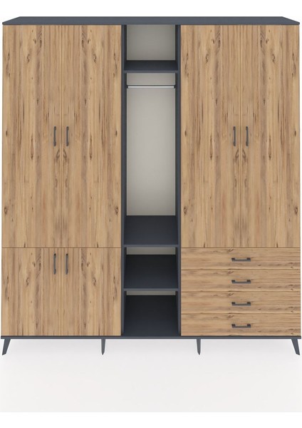 Hyperion Gardrop 14 Raflı 4 Çekmeceli Tek Askılı 220X44X243 Antrasit-Çam/çam