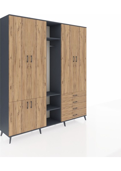 Hyperion Gardrop 14 Raflı 4 Çekmeceli Tek Askılı 220X44X243 Antrasit-Çam/çam fiyatları