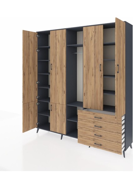 Hyperion Gardrop 14 Raflı 4 Çekmeceli Tek Askılı 220X44X243 Antrasit-Çam/çam modelleri