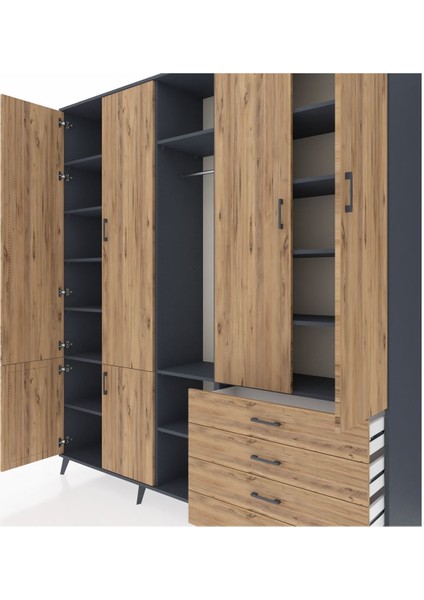 Hyperion Gardrop 14 Raflı 4 Çekmeceli Tek Askılı 220X44X243 Antrasit-Çam/çam fırsatları