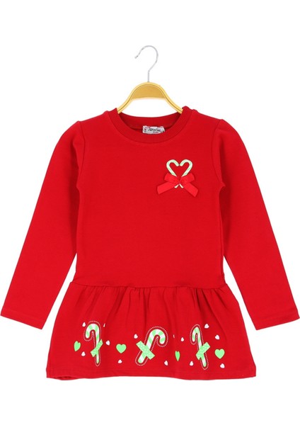 Kız Çocuk Elbise 2 Iplik Şardonlu Kalpli Fiyonklu Noellik