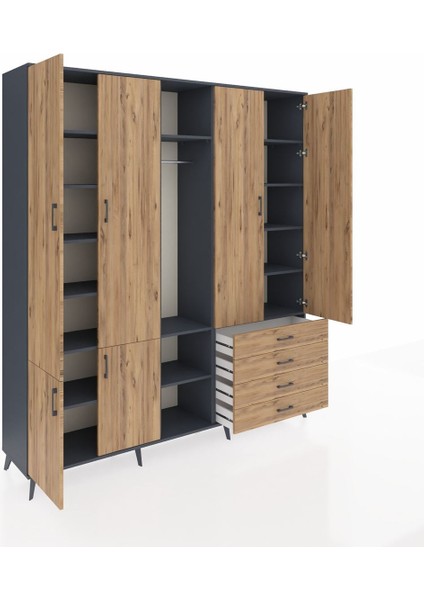 Hyperion Gardrop 14 Raflı 4 Çekmeceli Tek Askılı 220X44X243 Antrasit-Çam/çam indirimleri