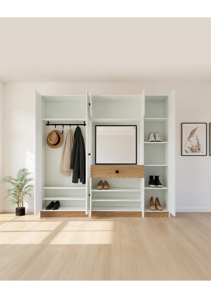 Beyaz Fonksiyonel Portmanto – Aynalı, Çekmeceli ve Dolaplı