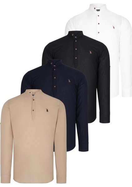 Dörtlü Set G783 Dewberry Hakim Yaka Gömlek-Siyah-Beyaz-Lacivert-Bej