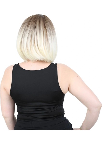 Kahkülsüz Düz Kısa Fiber Sentetik Peruk - Kumral / Platin Ombreli fırsatları