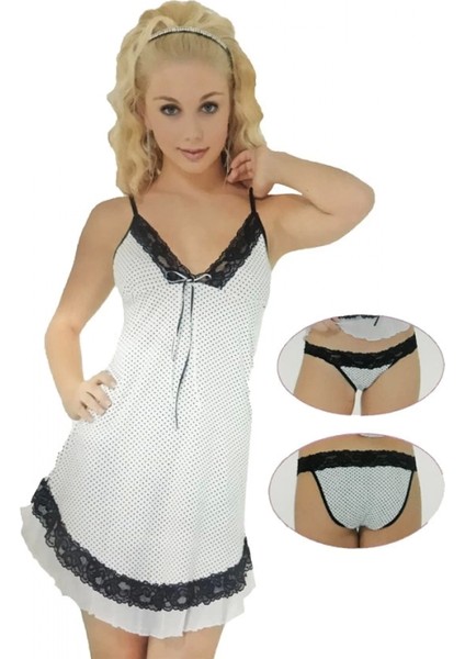 Pınar Beyaz Puantiyeli Gecelik ve Külottakımı