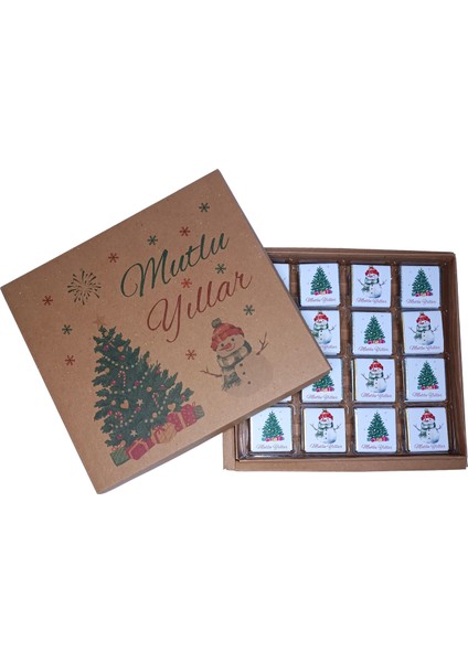 Yılbaşı Temalı Kraft Kutuda 32 Adet Sargılı Madlen Çikolata
